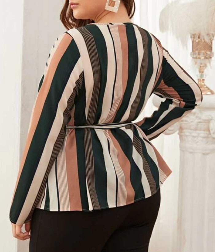 Office Lady Elegant Striped  Blouse Print O-Neck Long Sleeve 2020 New Autumn Blouses