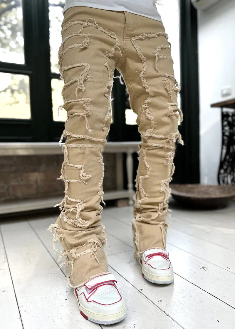 Designer Patch Stretch Stacked Jeans Men Man Jean Trouser Mens in Bulk Wholesale Ripped Jeans