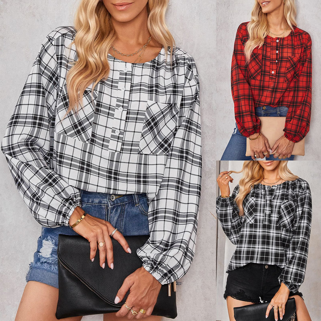 2022 New Fashion Shirts Elegant Blouses Tops Casual Plaid  Design Puff Sleeve Women Blouse Shirt