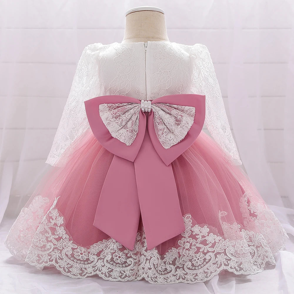 Baby Girl Dresses Party and Wedding Newborn Girl Long Sleeve Lace Dresses With Big Bow Infant Girl 1st Birthday Princess Dress - My Store