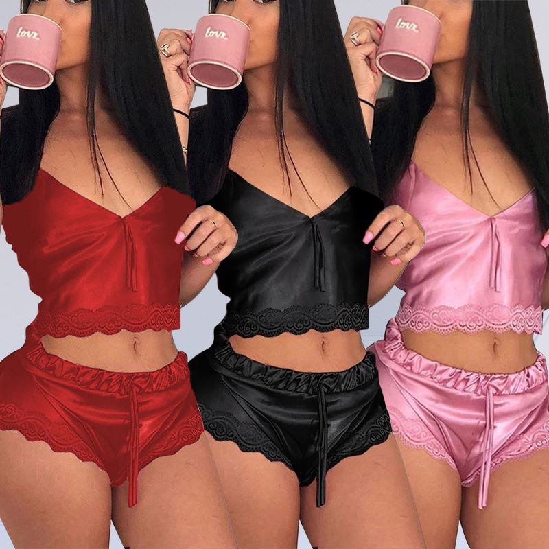 8039  Wholesale Women Two Piece Lingerie Sgirls Sleepwear Pajamas Girls Sleepwear v Neck Sexy Lingeries Cute Lingerie Set