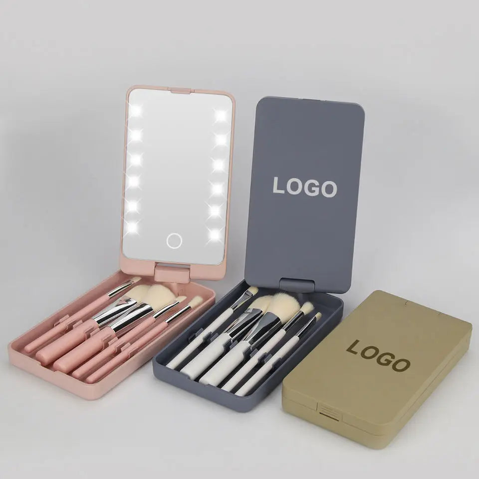Private Label Cosmetics Led Makeup Mirror Carry Brushes Storage Box Rotating Folding Mirror Makeup Brush Set 5 Pcs - My Store