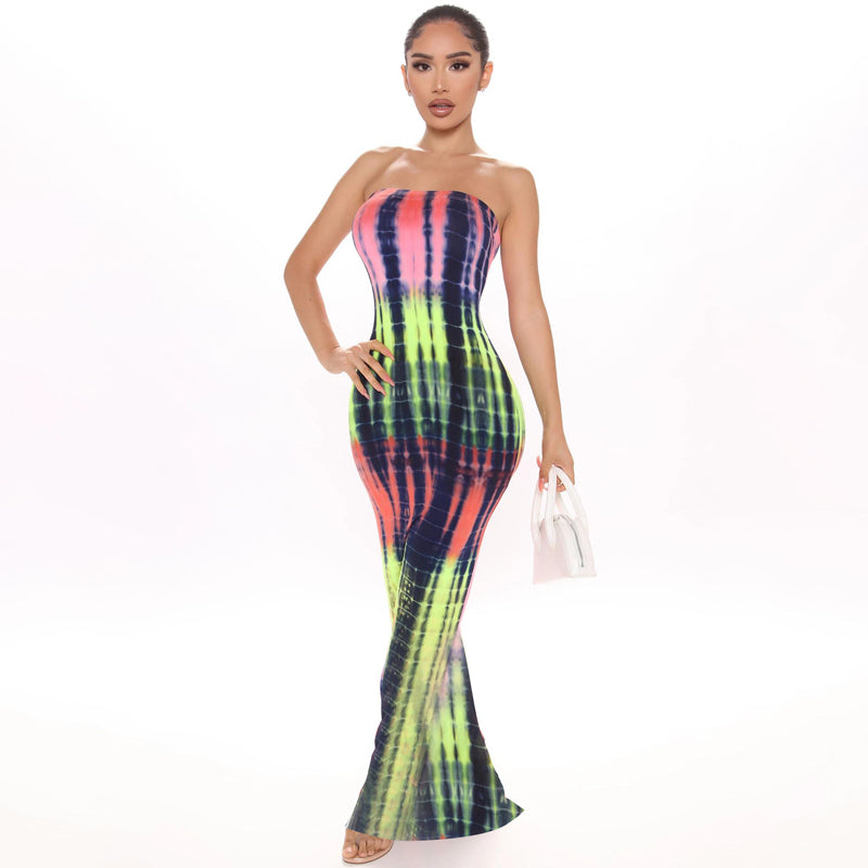Women Summer Dresses  Casual Strapless Tube Dresses Colorful Strip Maxi Long Dress Women
