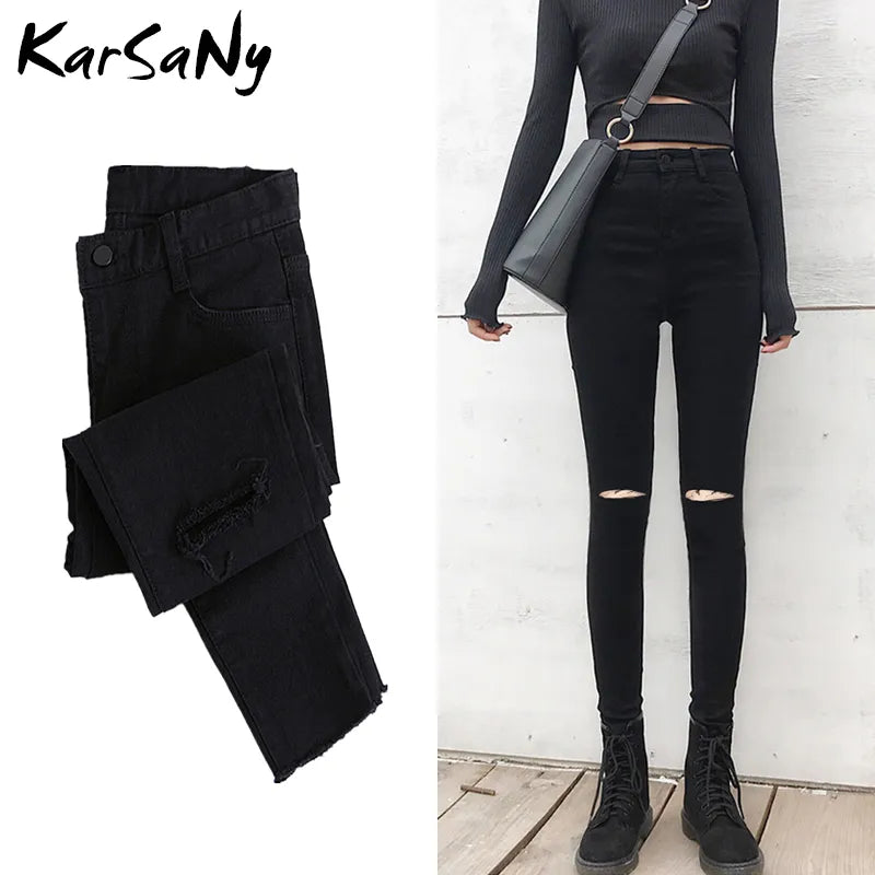 Skinny Ripped Jeans for Women Stretch High Waist Black Jeans With Holes Destroyed Women Denim Pants With Holes Summer Jean