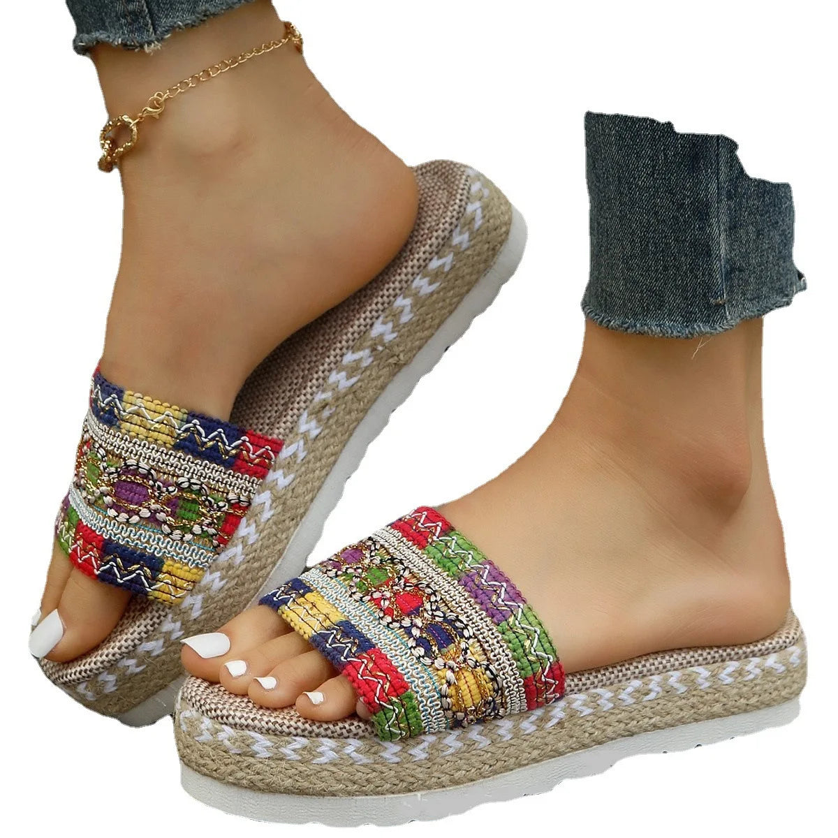 Flat Large   Women's Black Pattern Slippers Wear Embroidered Slippers Outside in Summer Bedroom Slippers for Women