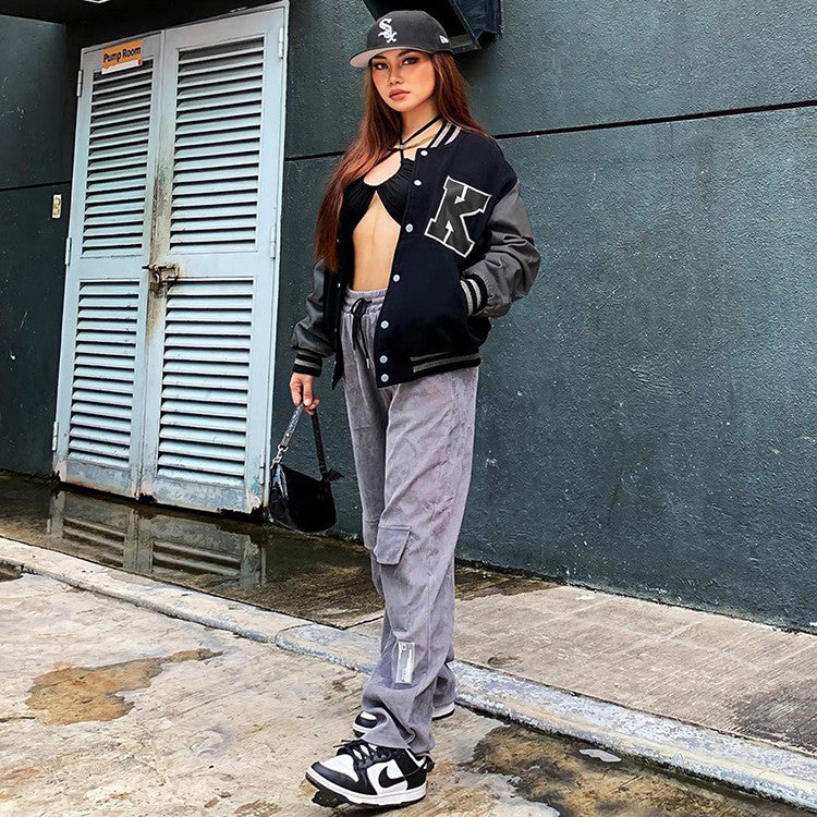 Autumn Winter Women's Coat Color Matching Printed Leather Sleeves Printed Baseball Uniform Coat Women's Jackets and Coats