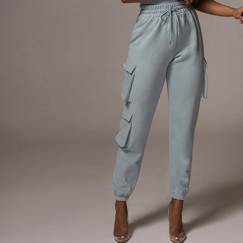 Women's Clothing Fashion Solid Color With Pockets Tie Trousers Sports Pants Casual Cargo Pants