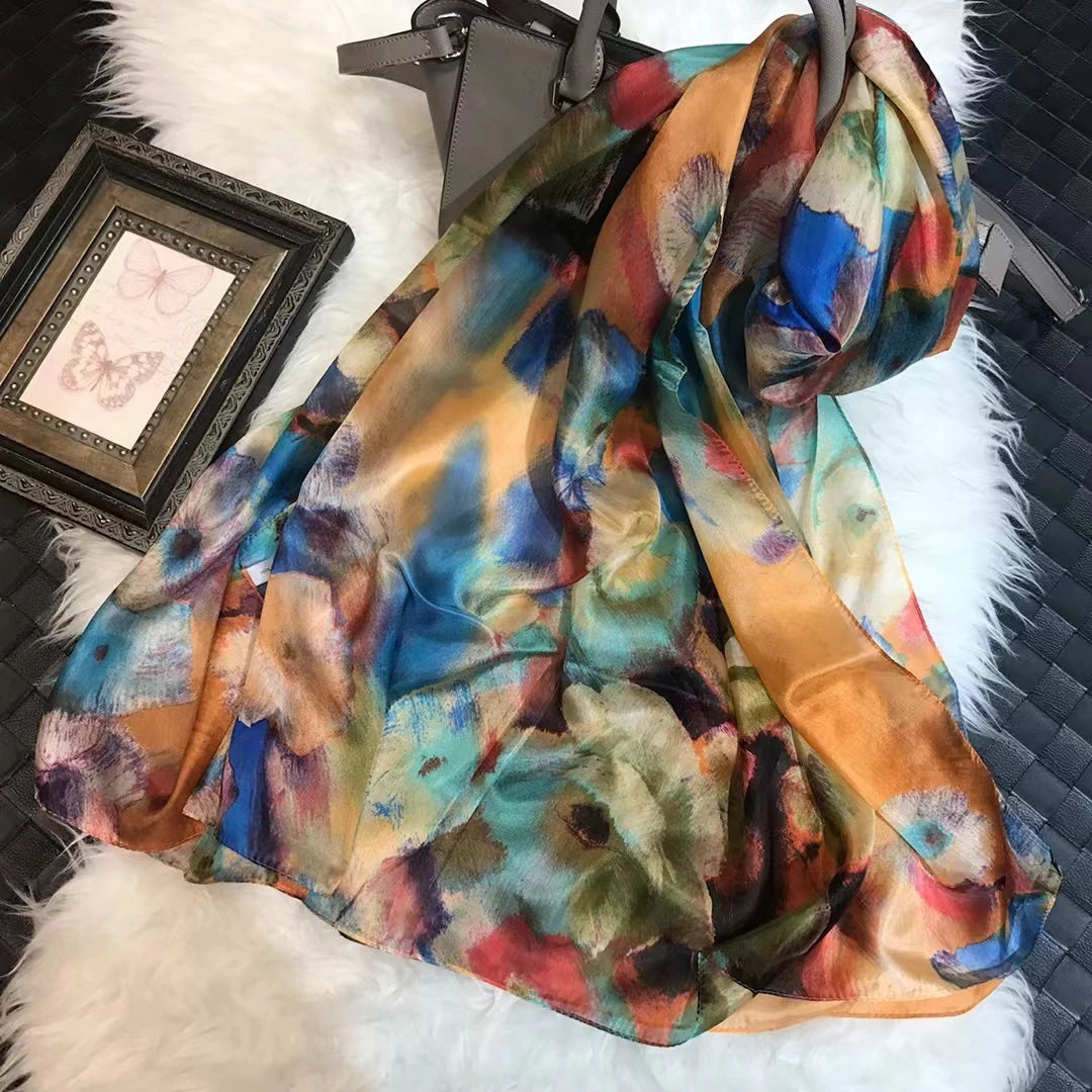 White100% Silk Scarf Women Scarves Bufandas Summer Beach Shawls Foulard Fall Winter Brand Flower Design Long Neck Scarves Hijabs