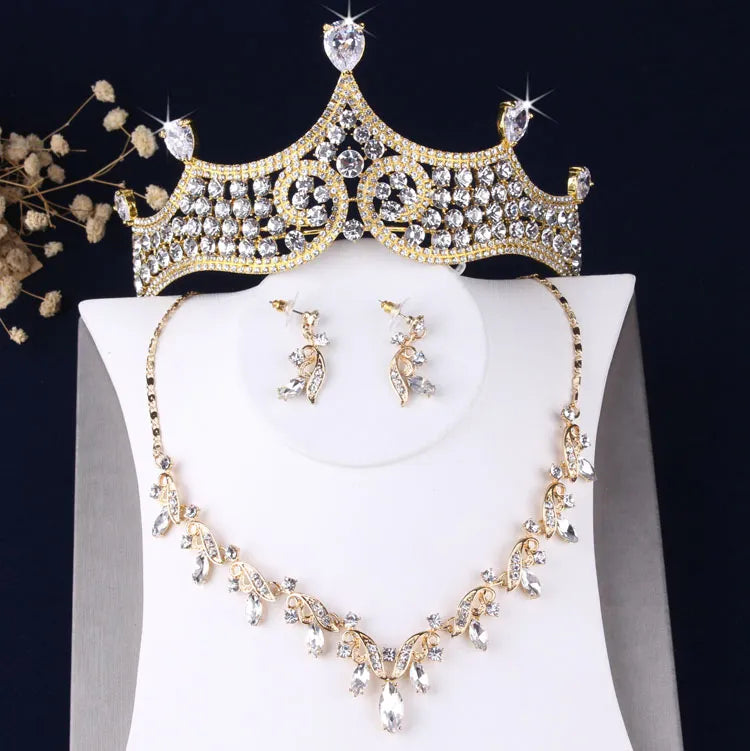 Baroque Rhinestone Bridal Jewelry Sets Wedding Leaf Crystal Gold Color Choker Necklaces Stud Earrings African Beads Jewelry Set