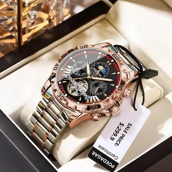 POEDAGAR 1410 Tourbillon Man Watch Waterproof Automatic Mechanical Watches for Men Luminous Multi-Function Men's Wrist Watches