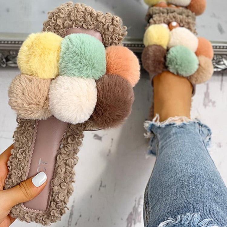 Summer Women Slippers Faux Fur Slides for Women Fluffy Slippers Female Shoes Outdoor Slippers Fur Pom Pon Furry Slides