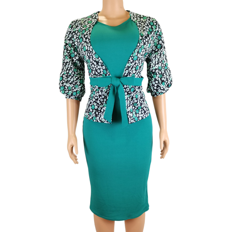 Ladies Jacket Bodycon Dress Two Piece Dresses Women Lady Elegant Flowers Long Sleeves Office Dresses