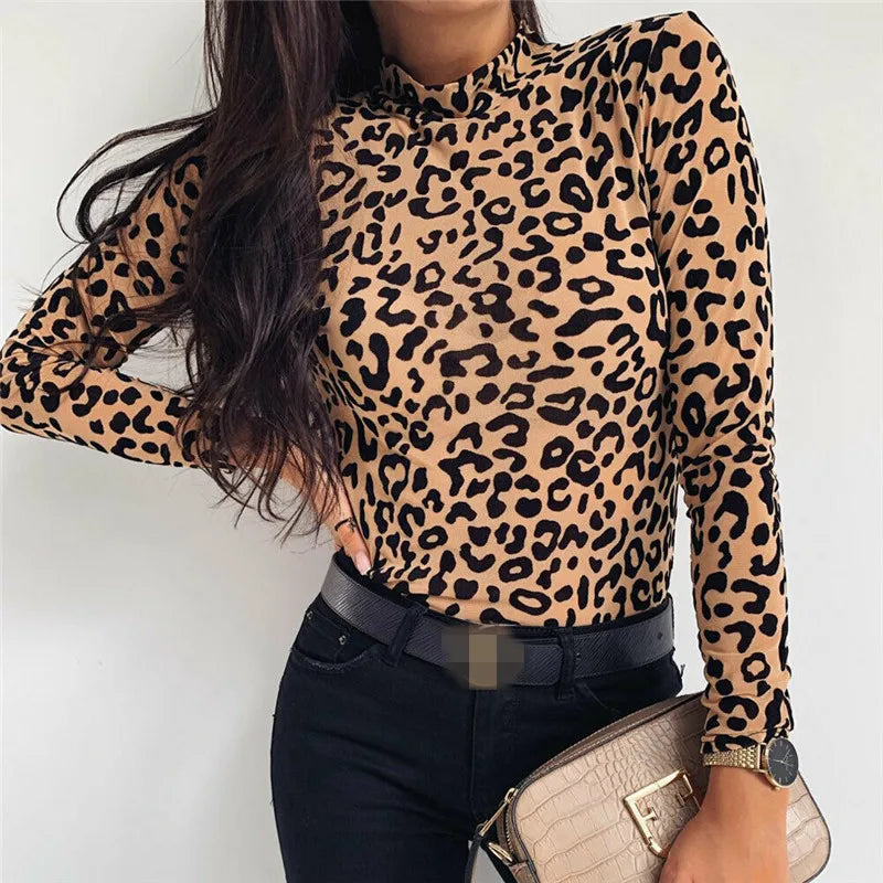 Women Blouses Fashion Leopard Print Turtle Neck Blouse Autumn Long Sleeve Shirts Party Ladies Clothes Womens Blouses and Tops