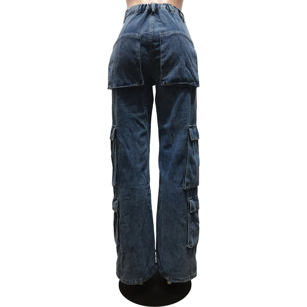 Streetwear Women's Jean Pants Straight Blue Ladies Denim Cargo Trousers Woman 6 3D Pockets Cargo Jeans Wide Leg Jeans for Women