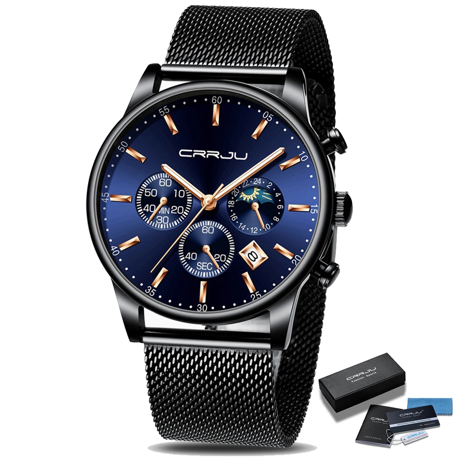 Relogio Masculino CRRJU Luxury Quartz Watch for Men Blue Dial Watches Sport Watches Chronograph Clock Mesh Belt Wrist Watch