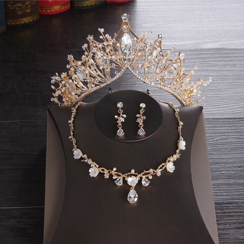 Baroque Vintage Costume Bridal Jewelry Sets Rhinestone Crystal Tiaras Crown Earrings Necklace Wedding Bride Luxury Jewelry Set