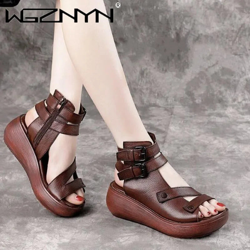 Women Summer Sandals Mid Heels Wedges Shoes Ladies Vintage  Leather Plus Size Sandalias Mujer Sapato Feminino Sandal Platform