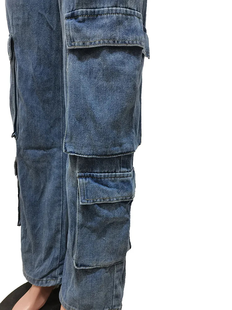 Streetwear Women's Jean Pants Straight Blue Ladies Denim Cargo Trousers Woman 6 3D Pockets Cargo Jeans Wide Leg Jeans for Women