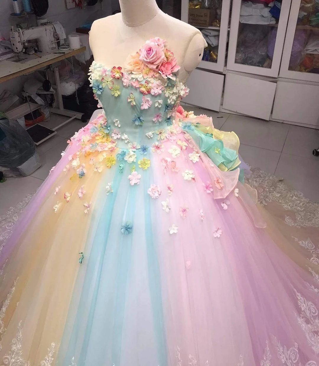 See-Through Rainbow Evening Dress Flowered Dress Lace Tulle Dress Floral Dress Colorful Wedding Dress Lace-Up Back Dresses - My Store