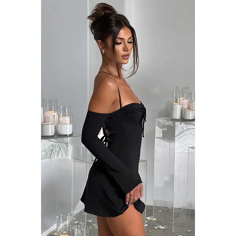 K23D32311 Solid Mini Dresses Ladies Slim Dress Halter Bandage Women Casual Dresses