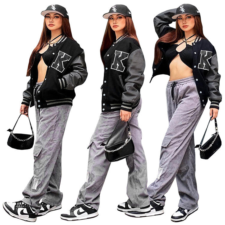 Autumn Winter Women's Coat Color Matching Printed Leather Sleeves Printed Baseball Uniform Coat Women's Jackets and Coats