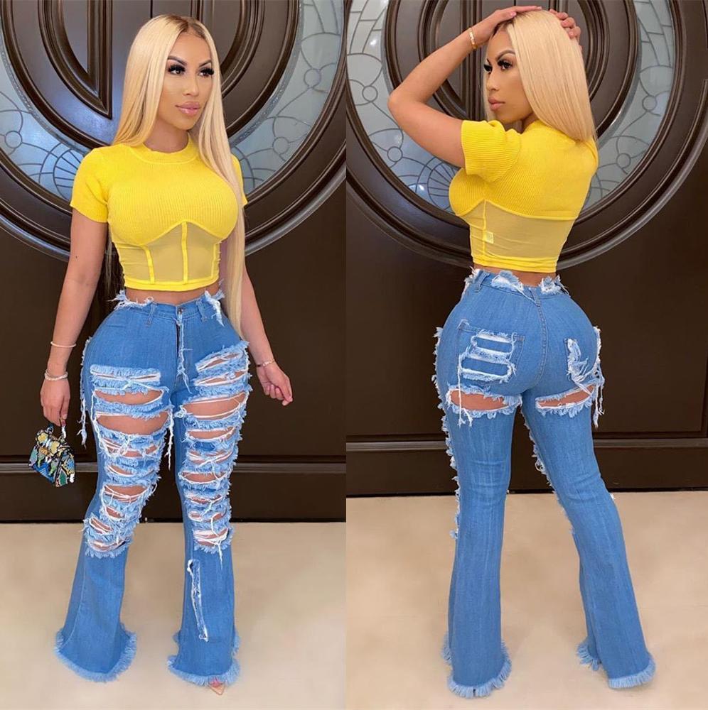 KG4160 Wide Leg Ripped Personality Street Trend Horn Bell Bottom Denim Pants Jeans Women - My Store