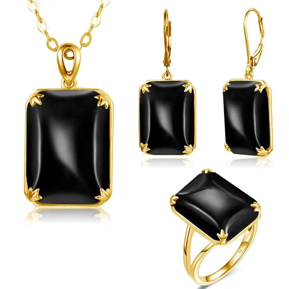 Szjinao Gold Jewelry Set for Women Real 925 Sterling Silver Black Onyx Pendant Earrings Ring Set Vitage Fine Jewelry Handmade