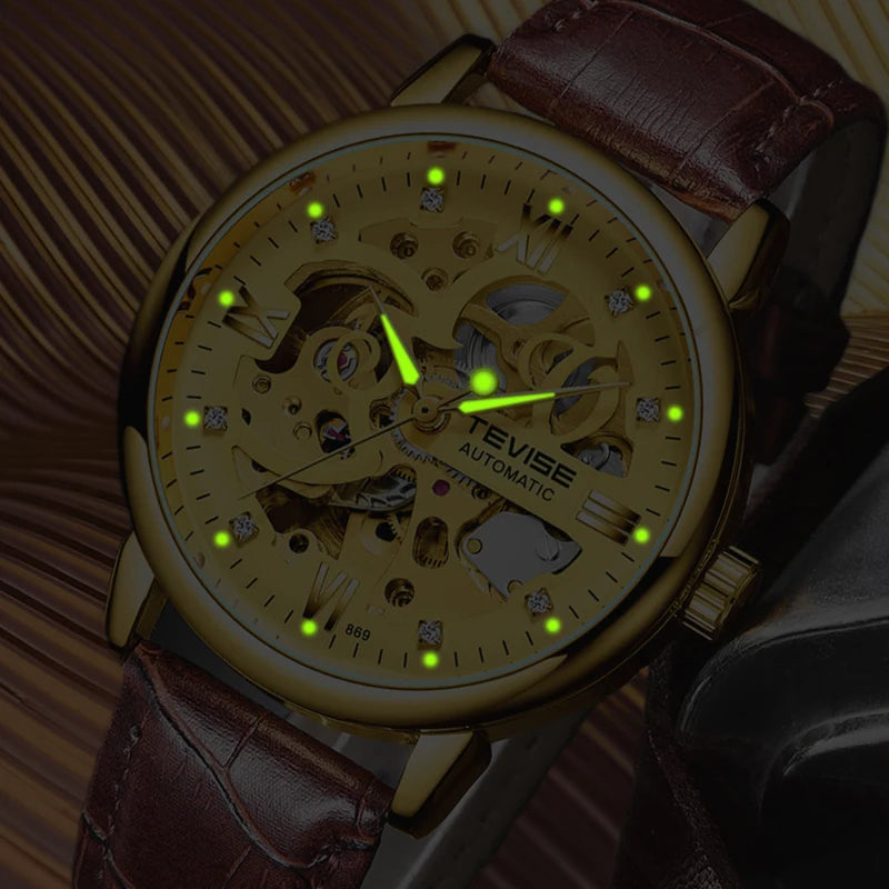 Dropshipping Men Watches TEVISE T869 Hollow Skeleton Automatic Watch Men Luminous Mechanical Watches Leather Strap Wristwatches