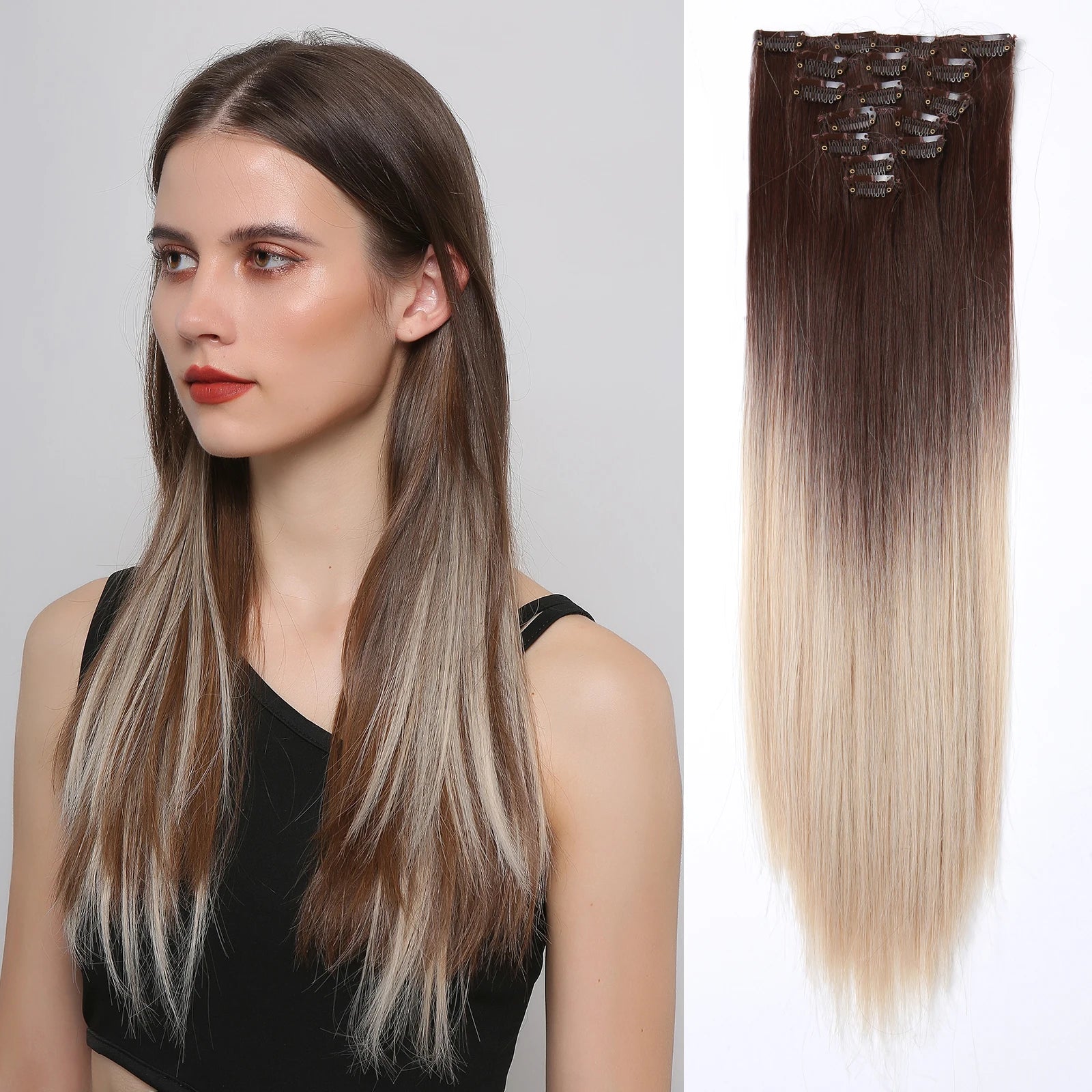 Two-Color Gradient Clip Hair Extension 24" Synthetic Wig Band Clip Clip in Hair Extensions