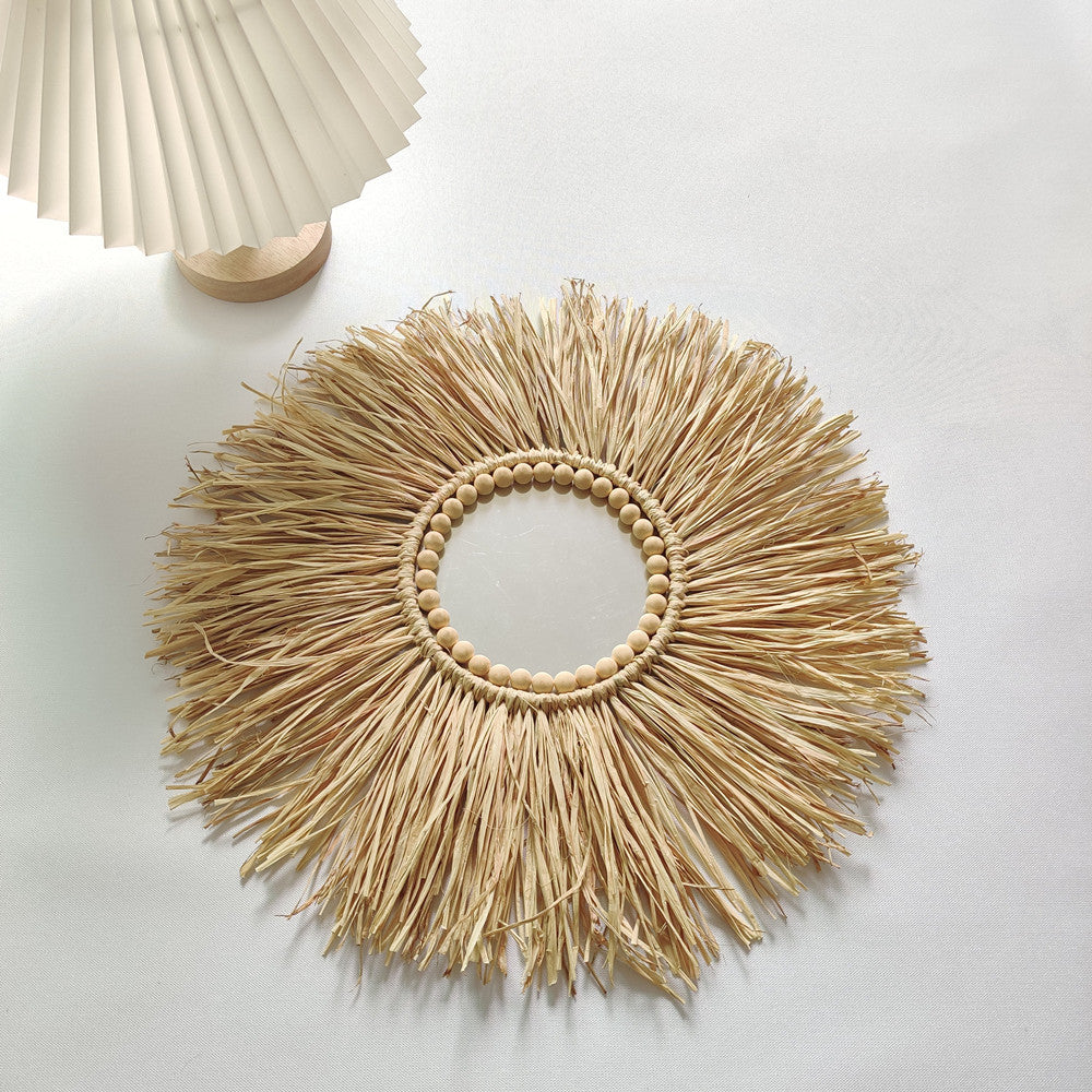 Hot Sales Boho RAFFIA Decor Mirror 45cm Lafite Grass Mirrors Decor Wall Mirrors Decoration With Wood Balls for Home