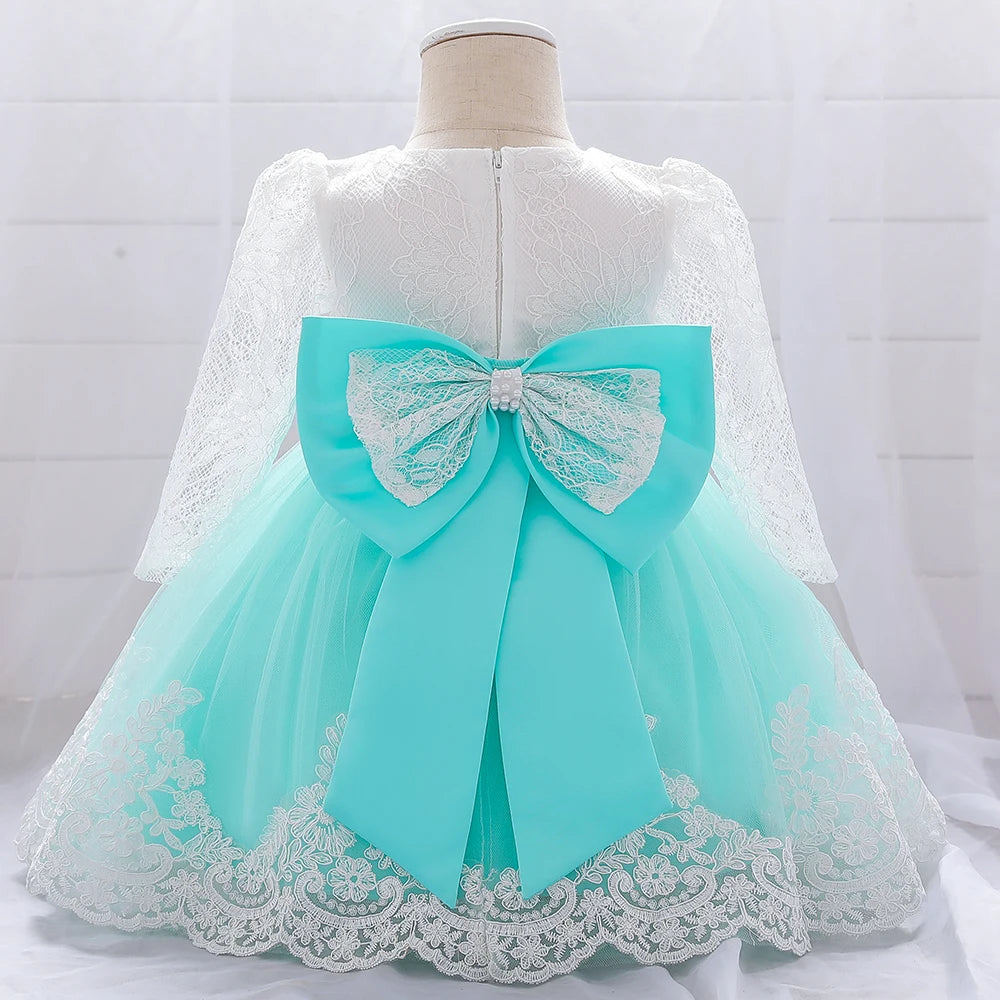 Baby Girl Dresses Party and Wedding Newborn Girl Long Sleeve Lace Dresses With Big Bow Infant Girl 1st Birthday Princess Dress - My Store
