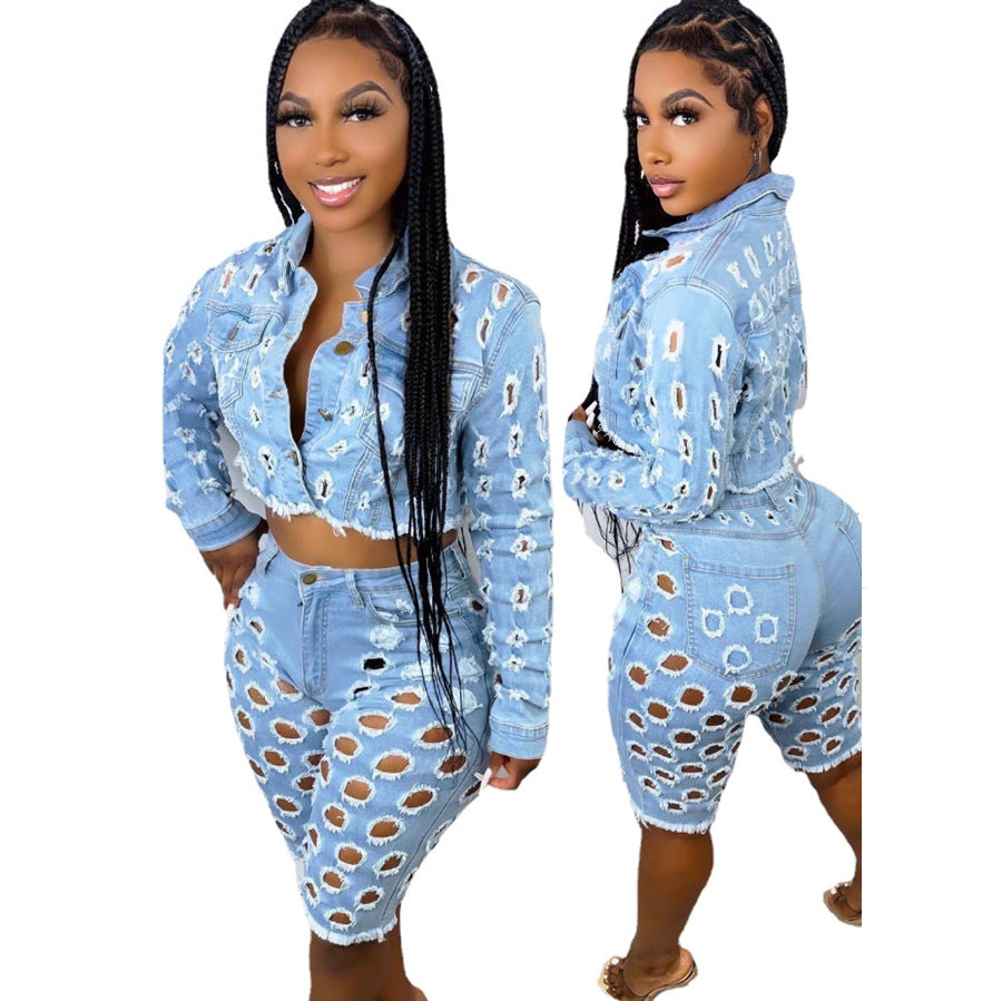 Fall  Women Denim Sets Jeans Jackets Ripped Jeans Women Shorts Sets Two Piece Outfits Denim Jean Sets for Women