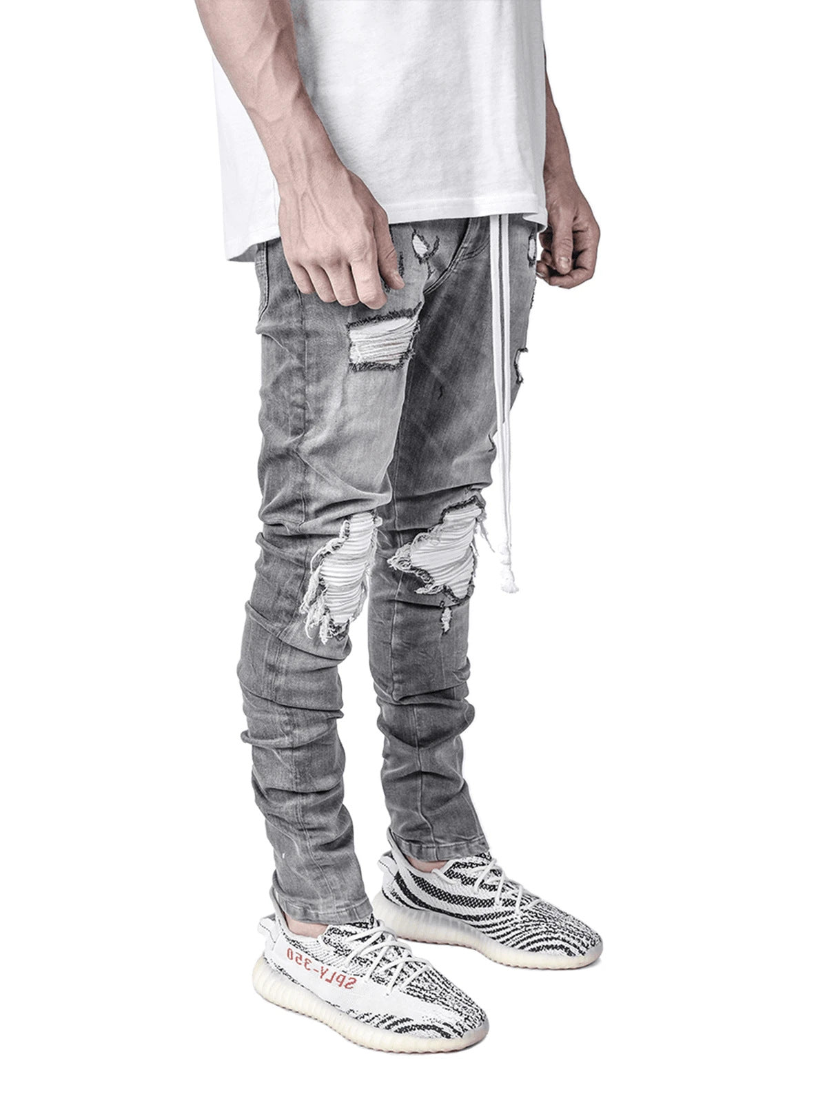 Casual Regular Fit Jean Pants Ripped Holes Zipper Design Men's Biker Jeans Rapp