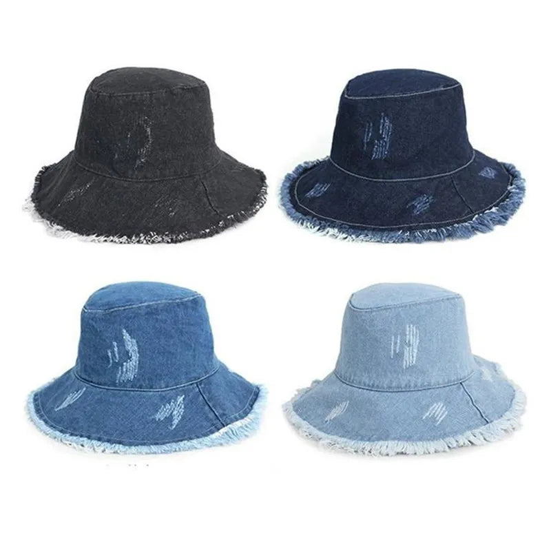Solid Denim Retro Bucket Hat Fisherman Hat Outdoor Travel Hat Sun Cap Hats for Girl and Women 275