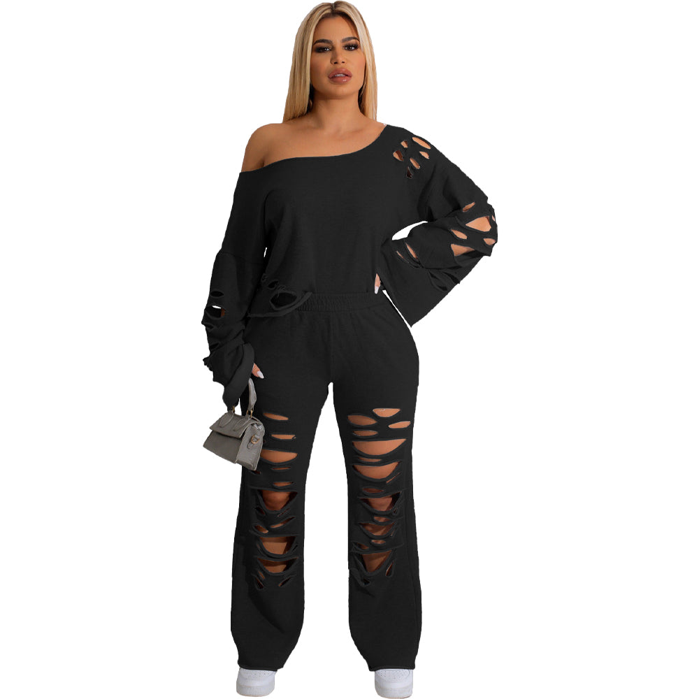 Trendy Women Clothes Women Outfits Elegant Cutout Holed Women's Set Long Sleeve Sweatshirt and Jogger Pants Set Cotton Adults - My Store