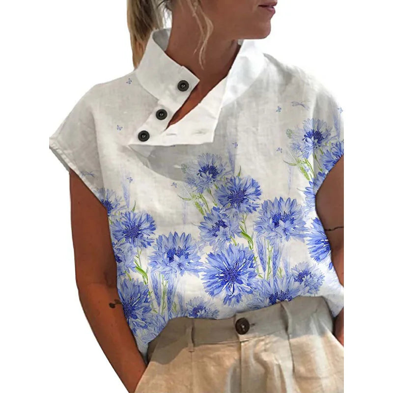 Leisure Summer Women Tops Blouse Vintage Floral Print Short Sleeve White Blouses Casual Buttons Slit Stand Neck Blouse