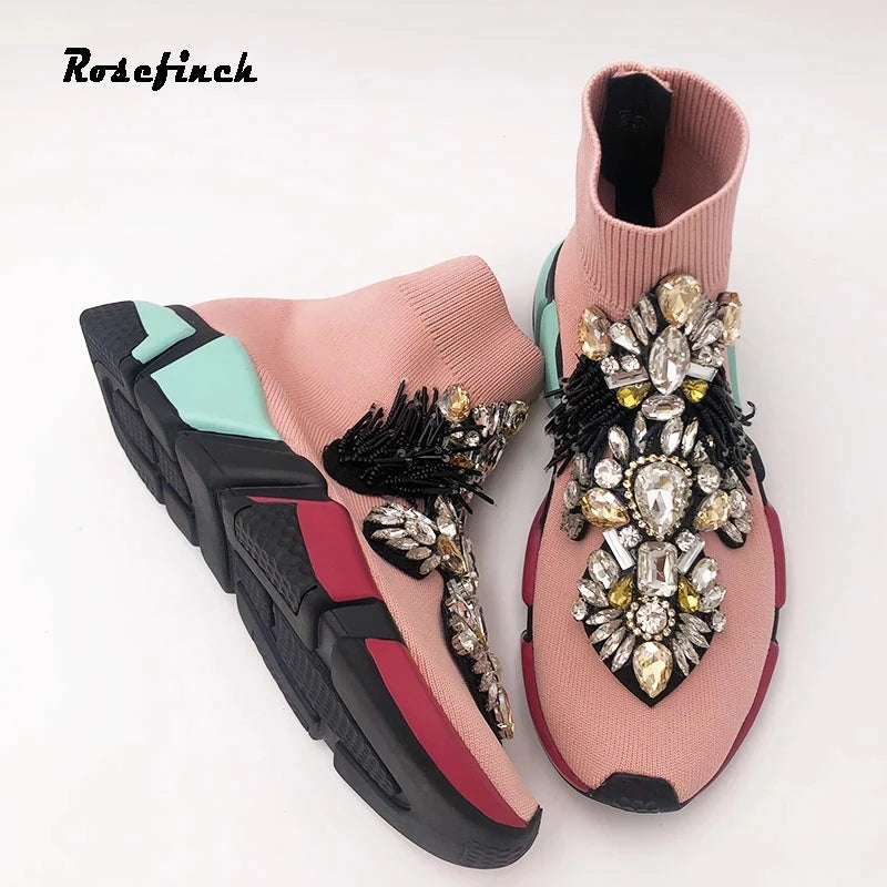 Crystal Sock Sneaker Shoes Women Shoes With Crystals Rhinestone Sock Shoes Fashion Sneakers Women Short Boot Shoes WK85