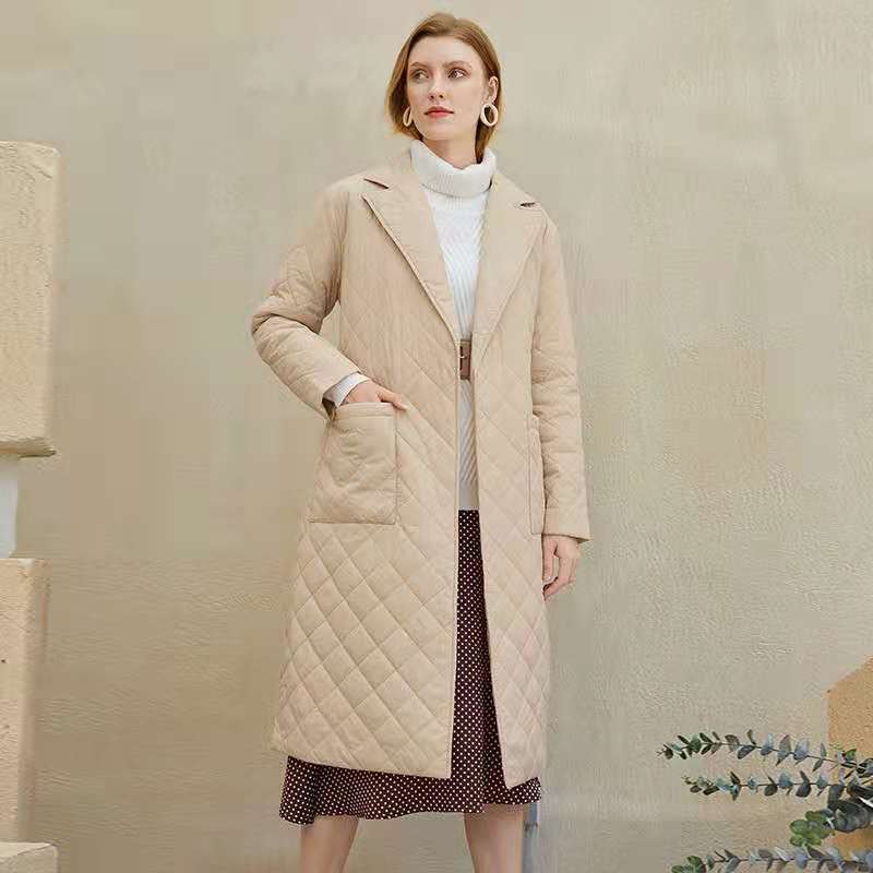 Windbreaker Long Women's Coats Long Straight Winter Coat With Rhombus Pattern Casual Belt Long Coat Women Puffer Jacket
