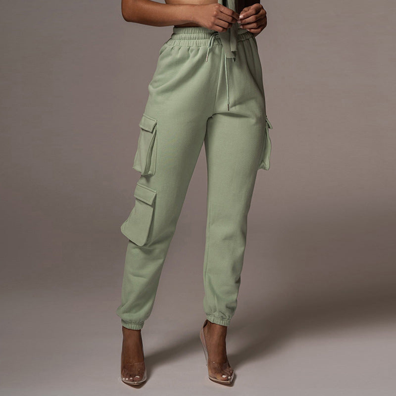 Women's Clothing Fashion Solid Color With Pockets Tie Trousers Sports Pants Casual Cargo Pants