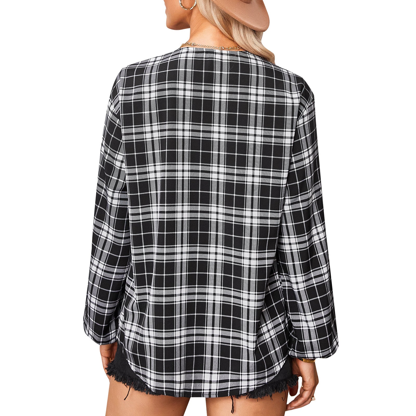 2022 New Fashion Shirts Elegant Blouses Tops Casual Plaid  Design Puff Sleeve Women Blouse Shirt