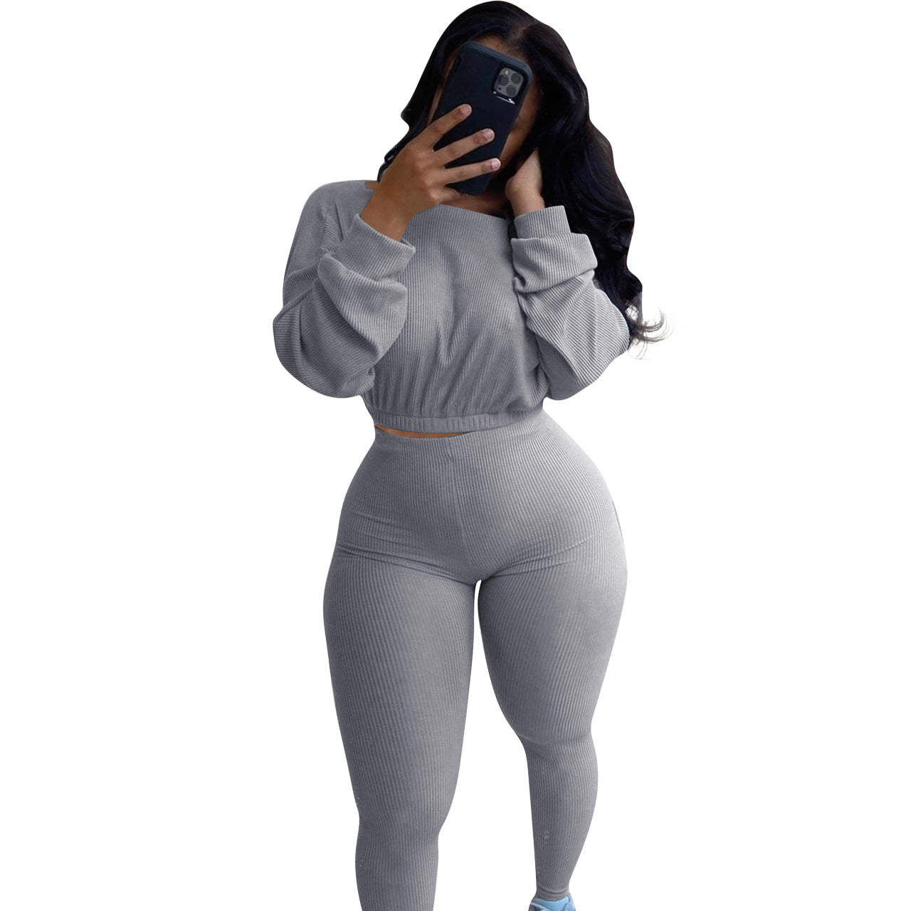 Spring Fall Ladies Clothing Multicolor 2 Piece Jogger Set Woman Boat Neck Elastic Band Casual Rib Activewear Pants Set