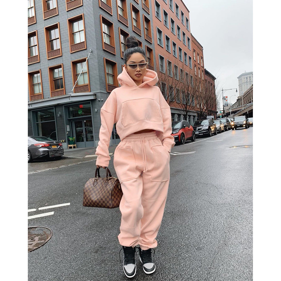 S - 3XL INS Fashion Winter Hoodies Two Piece Tracksuit Casual Womens Fleece Hoodie and Jogger Set - My Store
