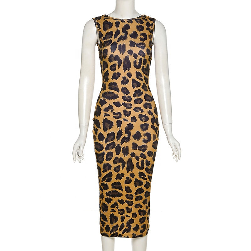 XH1257 Backless Sleeveless Leopard Maxi Dress Casual Dresses Women Fall Dress