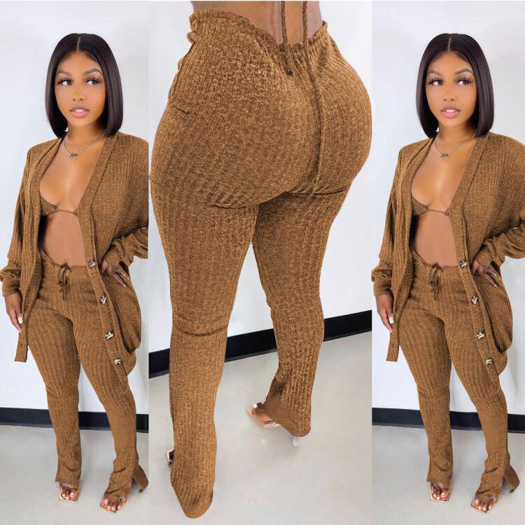 3 Piece Pants Set Winter Outfits for Women Yoga Bra Button Down Shirt and Split Pants Rib Knit Cotton Pant Set Womens Clothing