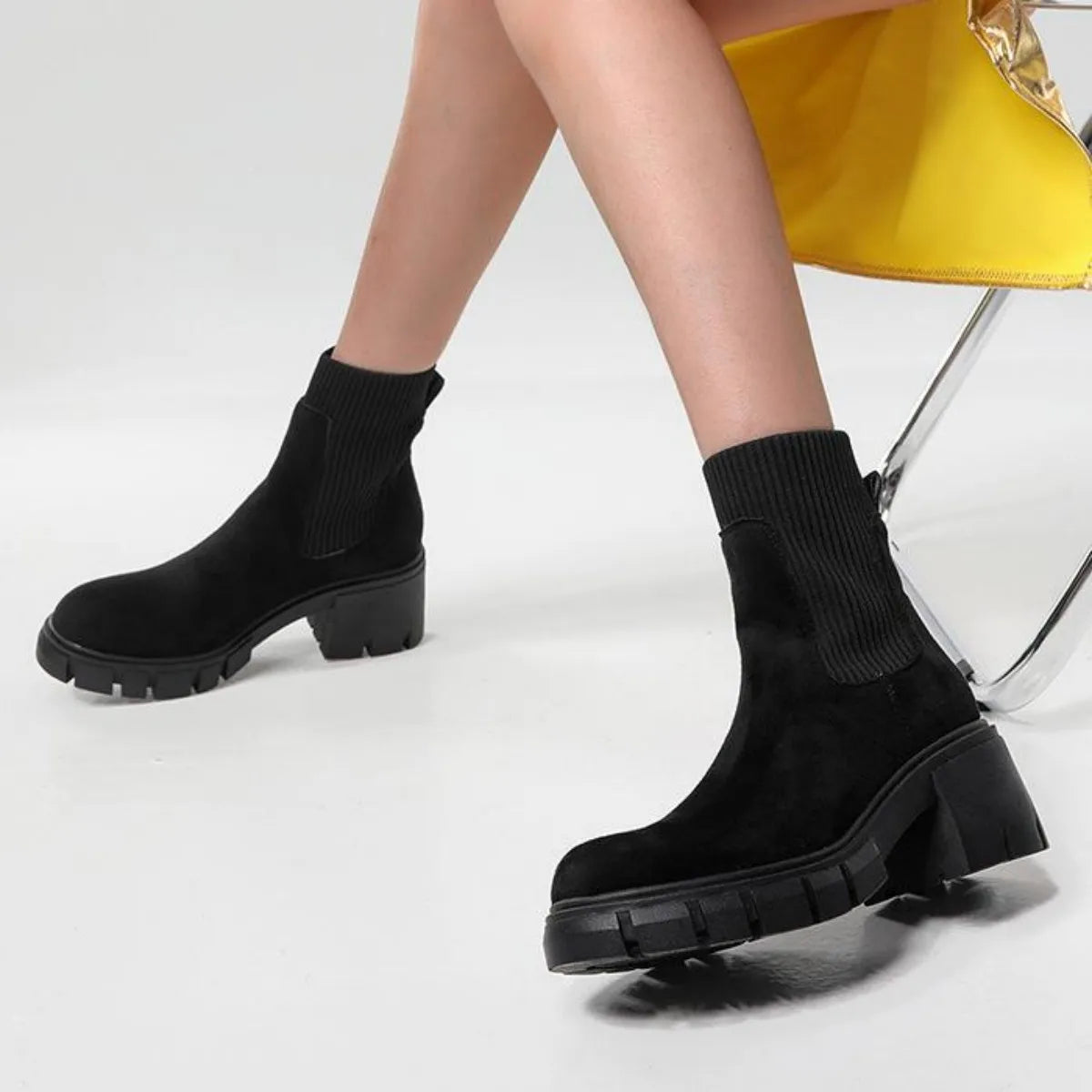 BUSY GIRL YW4088 Black Ankle Boots for Women 4.5cm Ankle Boot Mid Thick Heels Round Toe Ladies Brown Ankle Boots