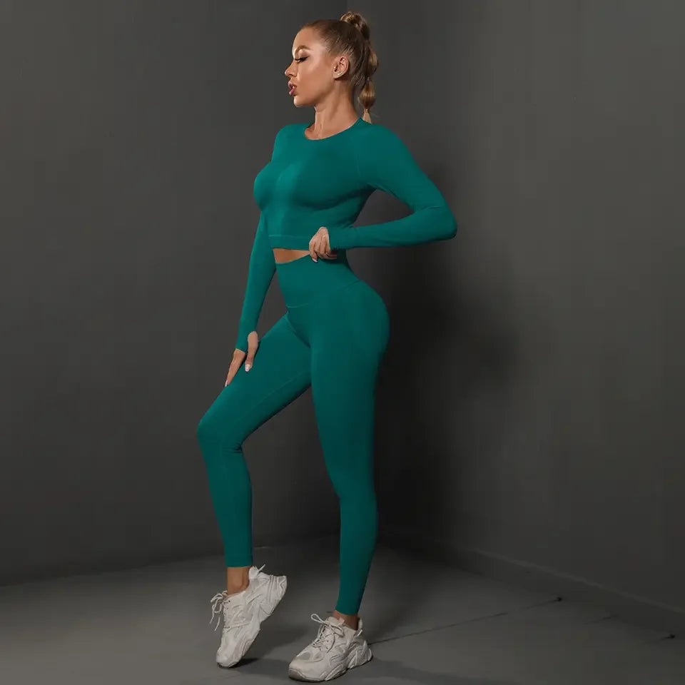 Hot Selling New Custom Logo Plus Size Seamless Activewear Set Long Sleeved Top Leggings 2 Piece Set Custom Yoga Set