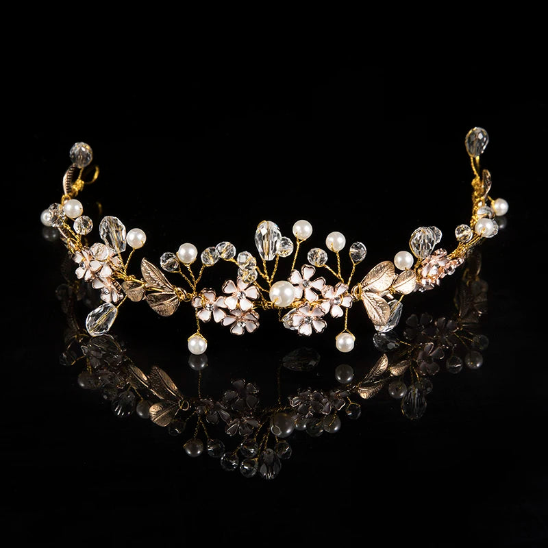 Elegant Bridal Wedding Hair Accessories Crystal Pearl Flower Girl Headband Ribbon Headpiece Hair Jewelry Accessories