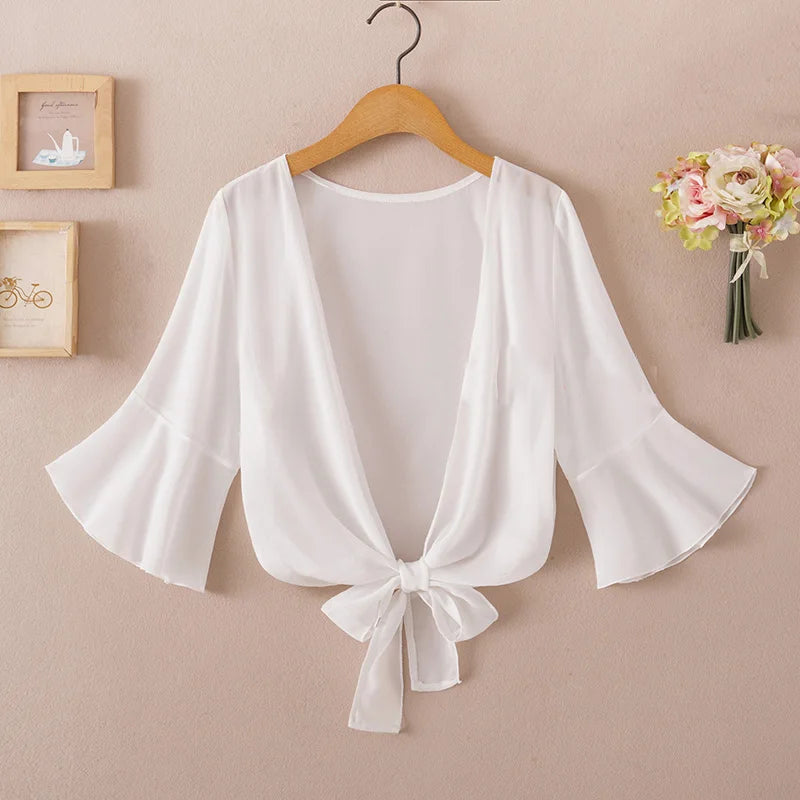 Summer Blouses for Women 2020 Woman v Neck Tie Waist Blouse Shirt Chiffon Black Ruffle Sleeve Top Lace Beach Blouse Cover Up