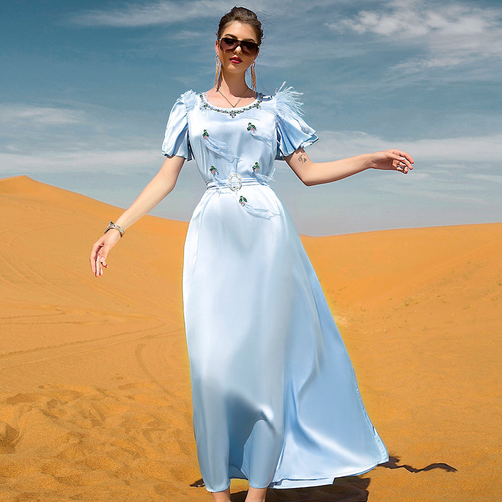 Sky Blue Slim Satin Short Sleeve Abaya Dresses of Evening Dress Pattern for Wedding - My Store