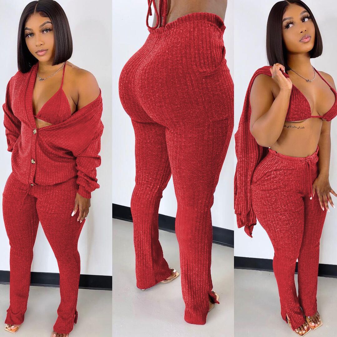 3 Piece Pants Set Winter Outfits for Women Yoga Bra Button Down Shirt and Split Pants Rib Knit Cotton Pant Set Womens Clothing